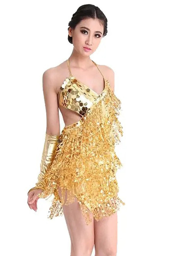 Gold Sequin Diagonal Fringe Dress