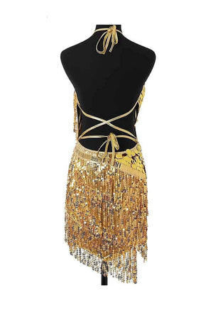 Gold Sequin Diagonal Fringe Dress