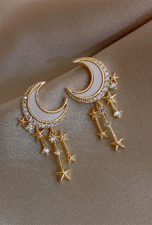 White Crescent Moon & Star Earrings