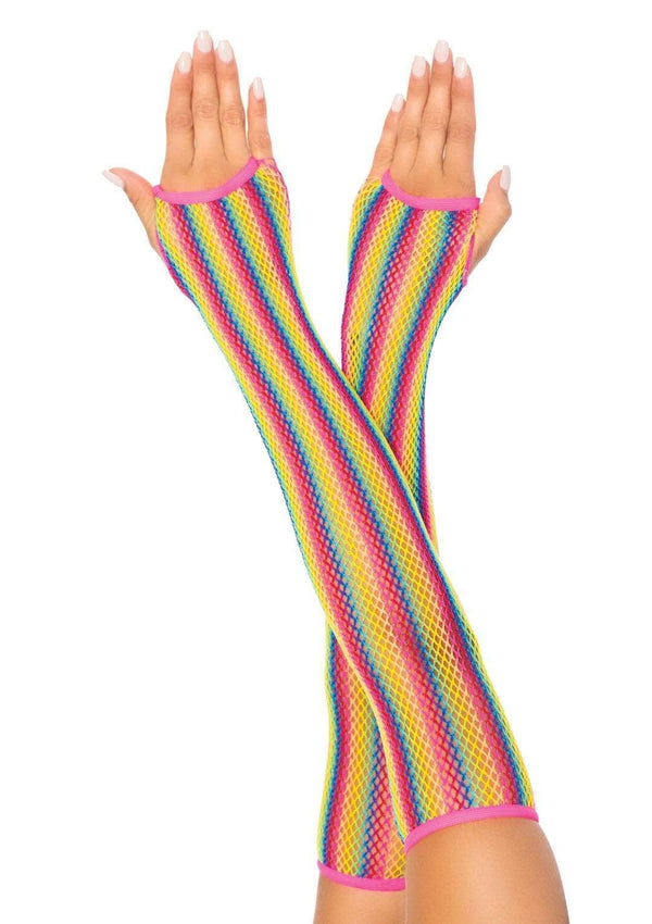 Rainbow fishnet arm warmers