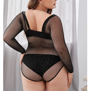 Plus Size Black Fishnet Rhinestone Bodysuit