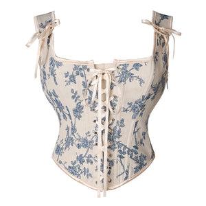 Cream and Blue Floral Corset Vest