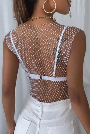 White Rhinestone Fishnet Top