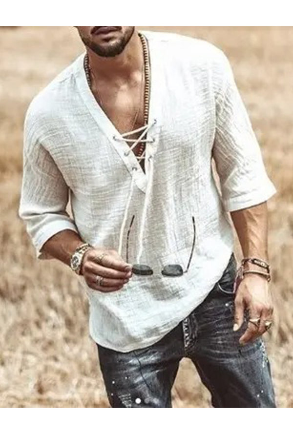 Mens White Lace-Up Linen Shirt