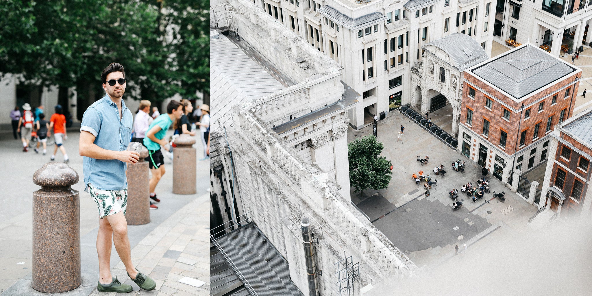 Exploring London with Nicole Breanne and Lucas Young wearing Bather White Birds of Paradise Swim Trunk