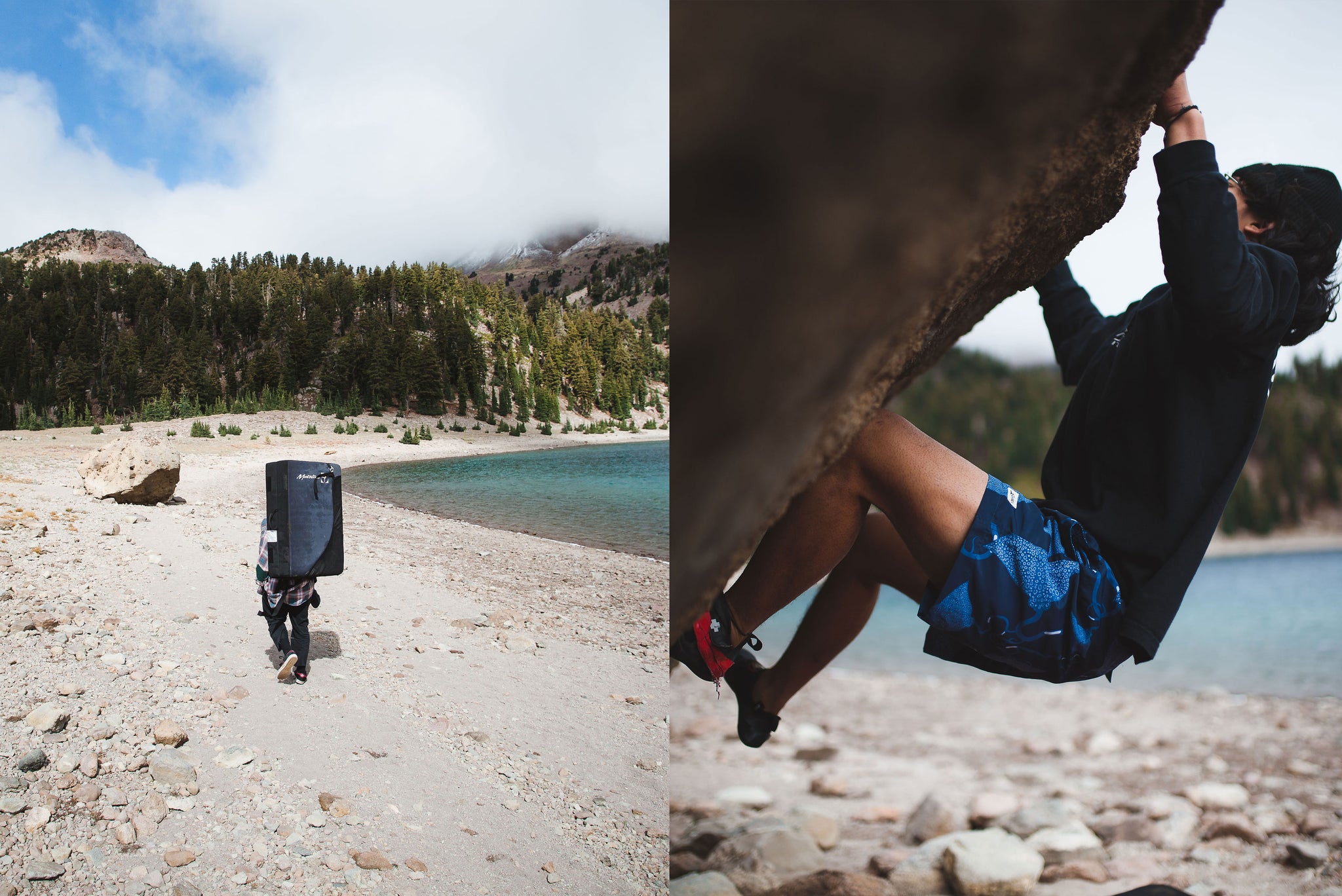 Lake and beach in Lassen Park with Bather's Blue Stingrays Swim Trunk