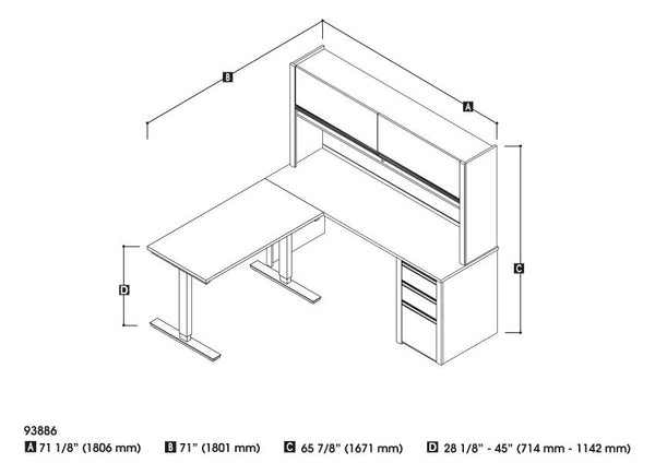 Bestar Connexion L-Desk With Hutch Dimensional Illustration
