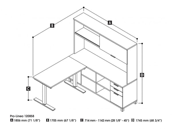 Bestar Pro-Linea L-Desk With Hutch Dimensional Illustration Sitting