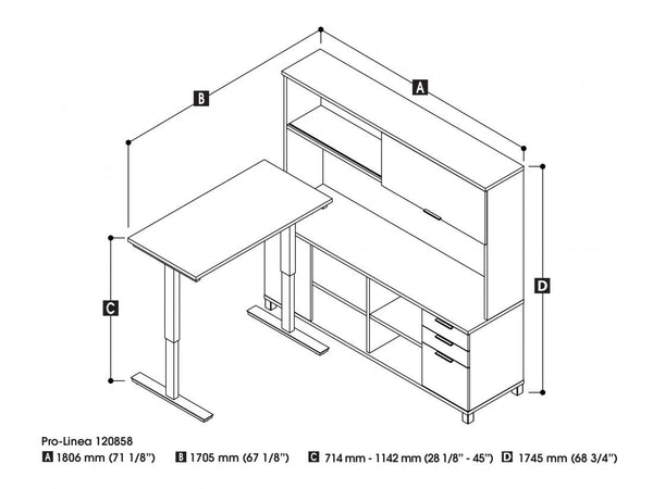 Bestar Pro-Linea L-Desk With Hutch Dimensional Illustration Standing