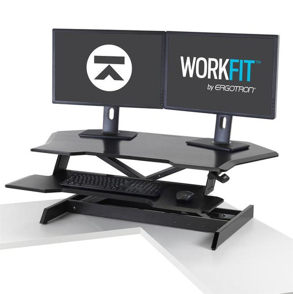Ergotron Workfit Corner Standing Desk Converter on desk with 2 monitors