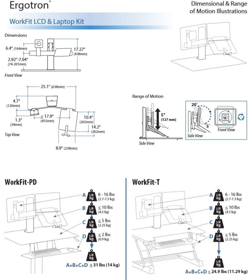 Ergotron Workfit LCD & Laptop Kit Dimensional Illustration