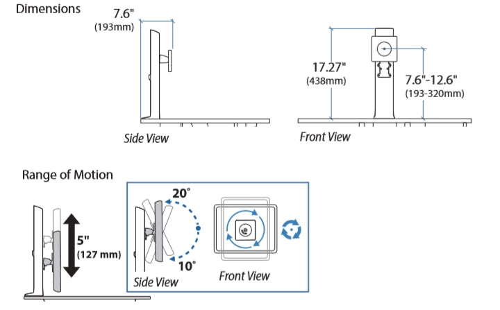Ergotron Workfit Single HD Monitor Kit Dimensional Illustration