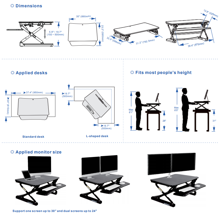 Flexispot M2 35 inch Standing Desk Converter Dimensional Illustration