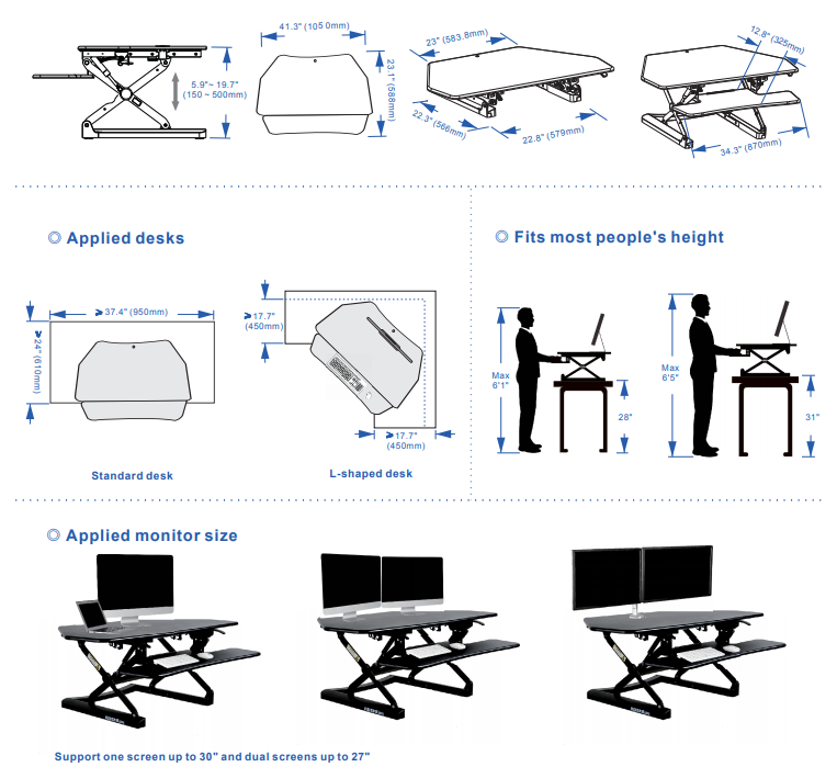 Flexispot M4 Corner Standing Desk Converter Dimensions