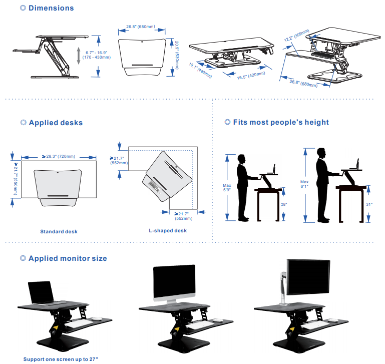 Flexispot M5 27 inch Compact Standing Desk Converter Dimensional Illustration