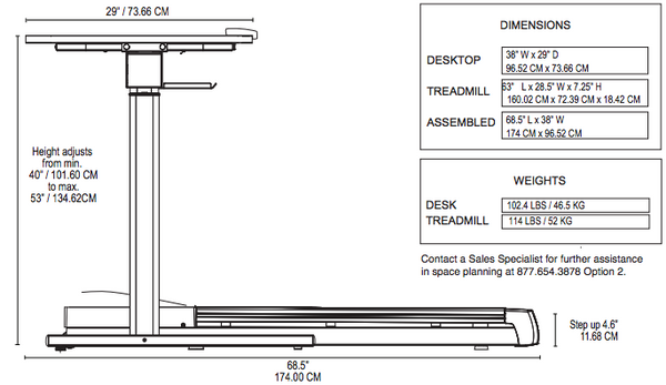 Lifespan TR1200-DT7 Treadmill Desk Dimensions
