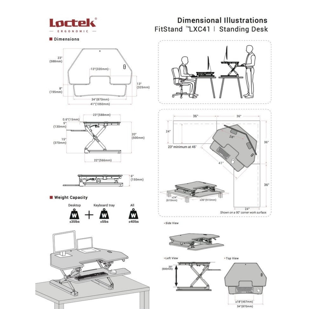 Loctek LXR41 Corner Standing Desk Converter Dimensions