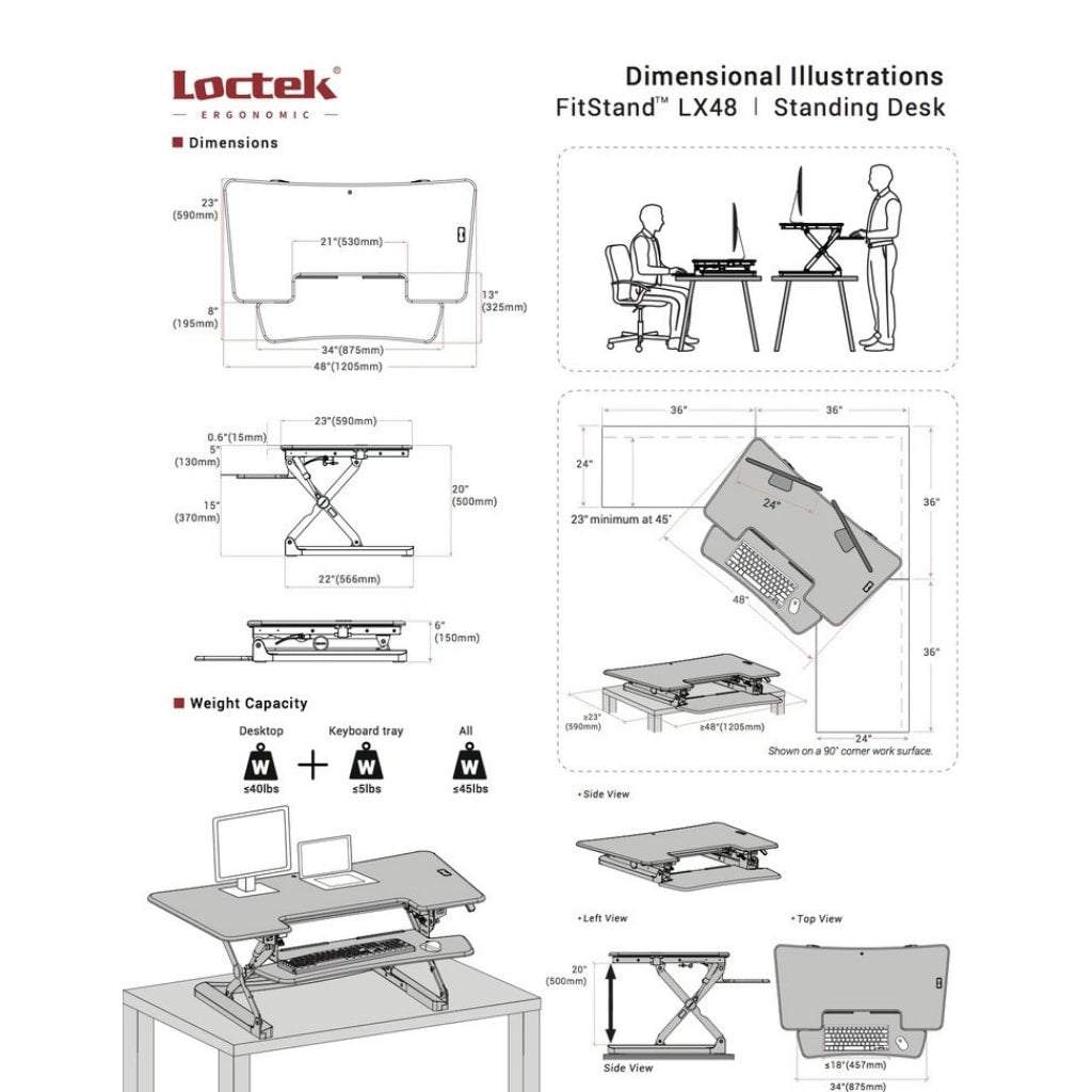 Loctek LXR48 Standing Desk Converter Dimensions