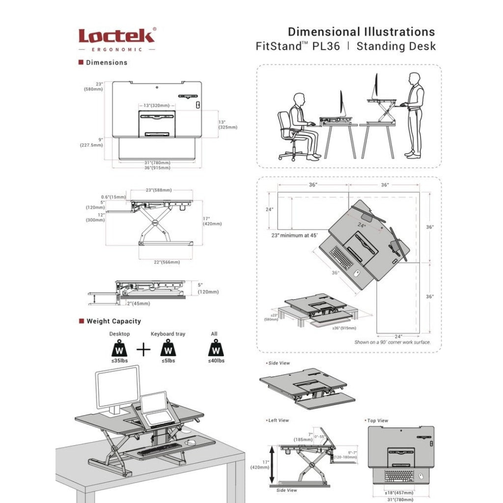 Loctek PL36 Standing Desk Converter Dimensions