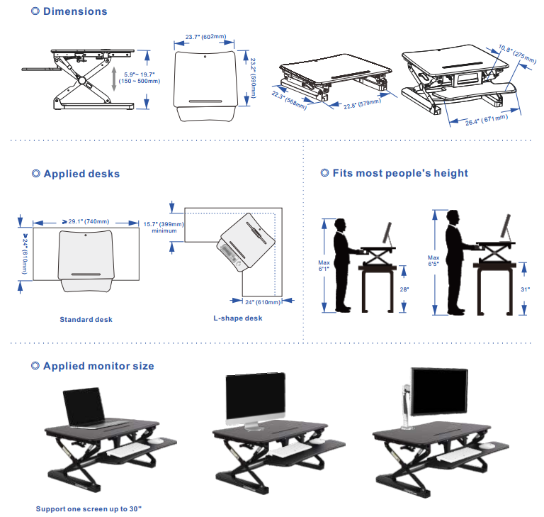 Flexispot M1B 27 inch Standing desk Converter Dimensions