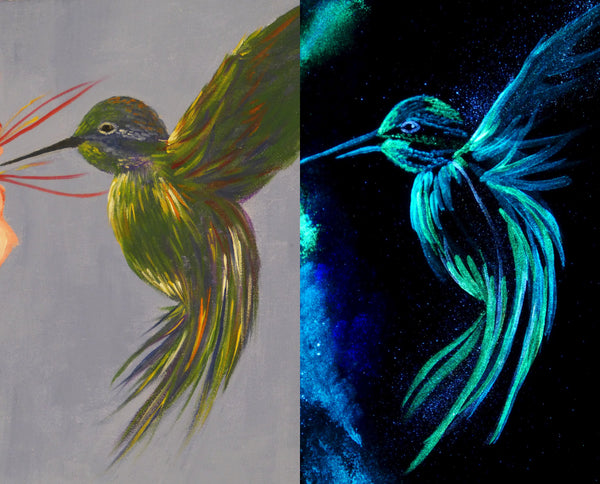 Side by side images of a glow in the dark acrylic painting of a hummingbird, daytime and nighttime views
