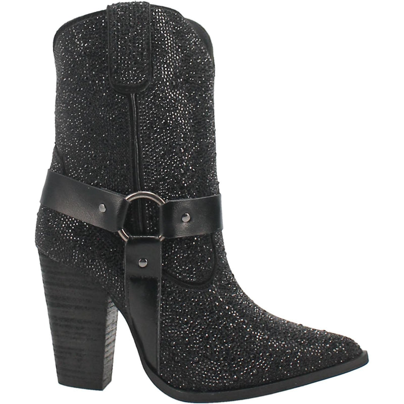 A small black bootie with rhinestones top to bottom, tall heel, V cut at the top, matching straps, and leather straps going through the middle and under the boot. Item is pictured on a plain white background