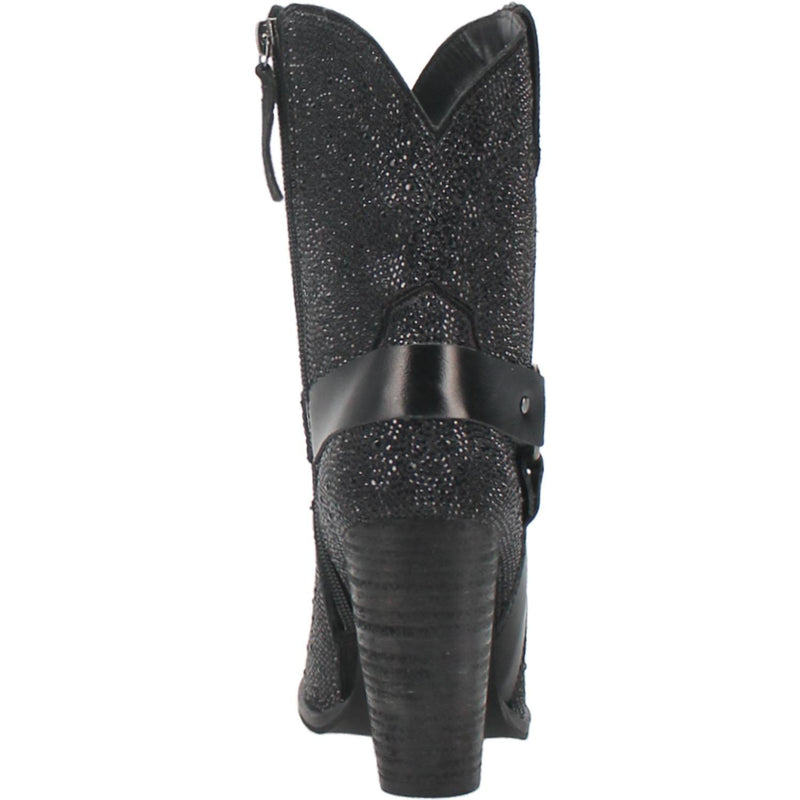 A small black bootie with rhinestones top to bottom, tall heel, V cut at the top, matching straps, and leather straps going through the middle and under the boot. Item is pictured on a plain white background