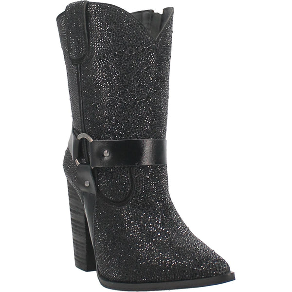 A small black bootie with rhinestones top to bottom, tall heel, V cut at the top, matching straps, and leather straps going through the middle and under the boot. Item is pictured on a plain white background