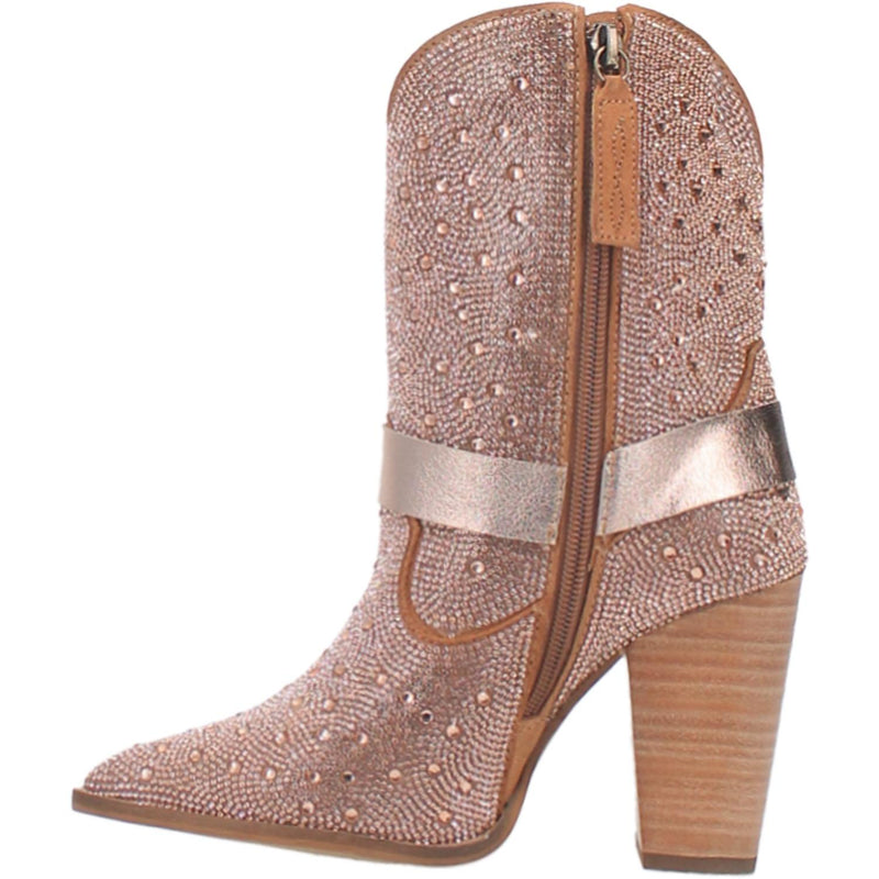 A small pink bootie with rhinestones top to bottom, tall heel, V cut at the top, matching straps, and leather straps going through the middle and under the boot. Item is pictured on a plain white background