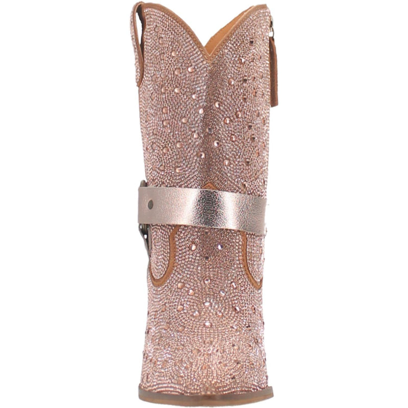 A small pink bootie with rhinestones top to bottom, tall heel, V cut at the top, matching straps, and leather straps going through the middle and under the boot. Item is pictured on a plain white background