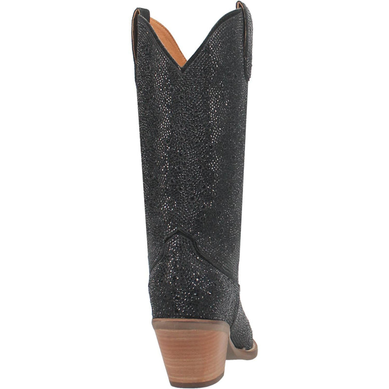 A mid calf length yellow cow print boot. Has a short heel, matching straps, a fur texture, and a V cut at the top. Item is pictured on a plain white background