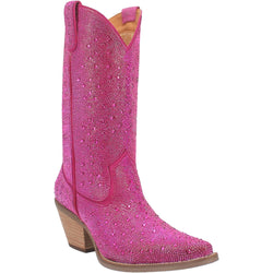 A mid calf length pink boot with rhinestones from top to bottom, matching leather straps, a short heel, and a V cut at the top. Item is pictured on a white background