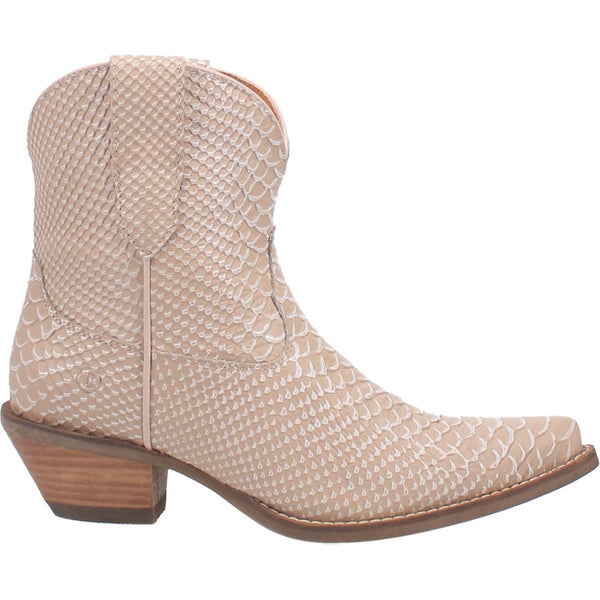 Small booties in a sand color with a reptile skin finish. Has a V cut at the top, a short heel, and matching leather straps. Item is pictured on a plain white background