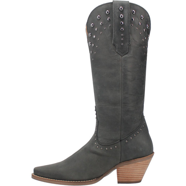 Black mid calf matte leather boots. Features silver stud designs on the top and middle of the boot, short heel, black straps, V line cut at the top, and white stitching. Item is pictured on a plain white background