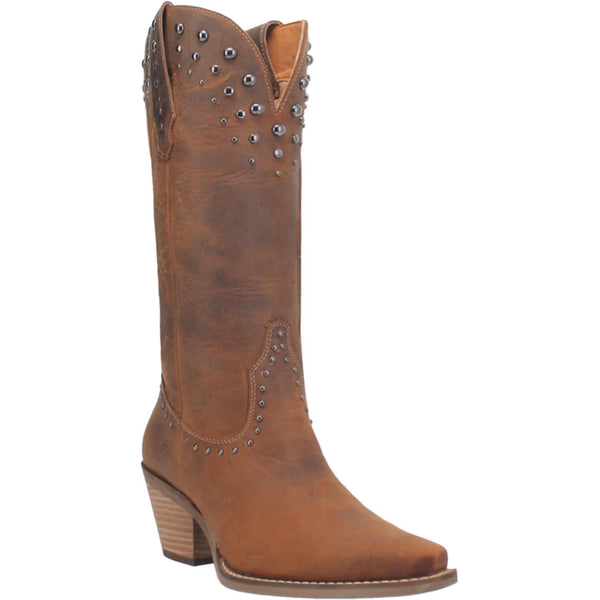 A brown mid calf length leather boot. Features silver stud designs on the top and middle of boot, leather straps, short heel, V cut at the top, and off white stitching. Item is pictured on a plain white background