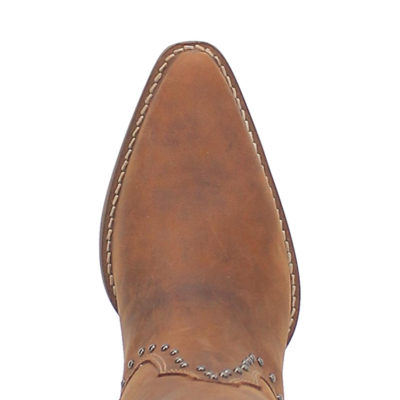 A brown mid calf length leather boot. Features silver stud designs on the top and middle of boot, leather straps, short heel, V cut at the top, and off white stitching. Item is pictured on a plain white background