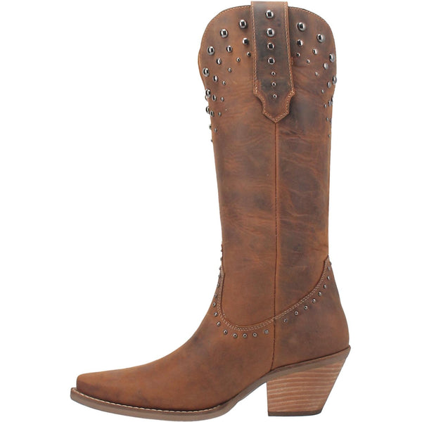 A brown mid calf length leather boot. Features silver stud designs on the top and middle of boot, leather straps, short heel, V cut at the top, and off white stitching. Item is pictured on a plain white background