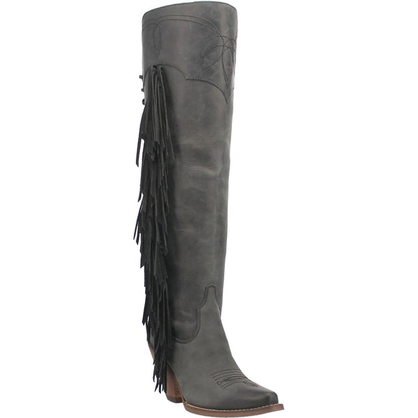 A tall black leather boot with a short heel, stitched desings at the top and bottom, lace up back, fringe down the right side, and a half zipper. Item is pictured on a plain white background