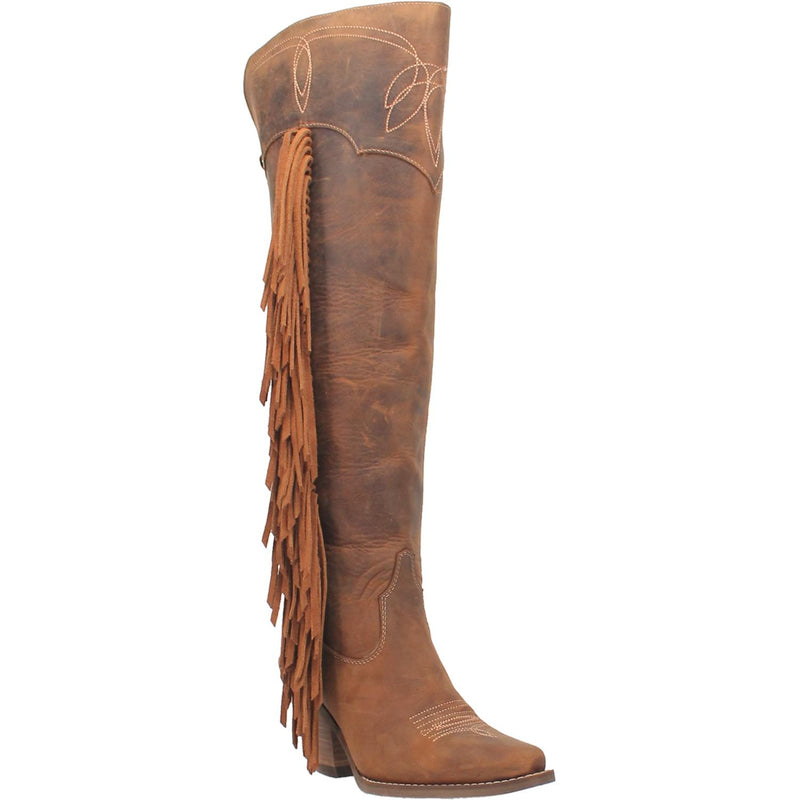 A tall brown leather boot with a short heel, stitched desings at the top and bottom, lace up back, fringe down the right side, and a half zipper. Item is pictured on a plain white background