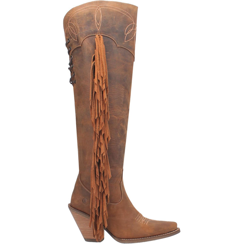 A tall brown leather boot with a short heel, stitched desings at the top and bottom, lace up back, fringe down the right side, and a half zipper. Item is pictured on a plain white background