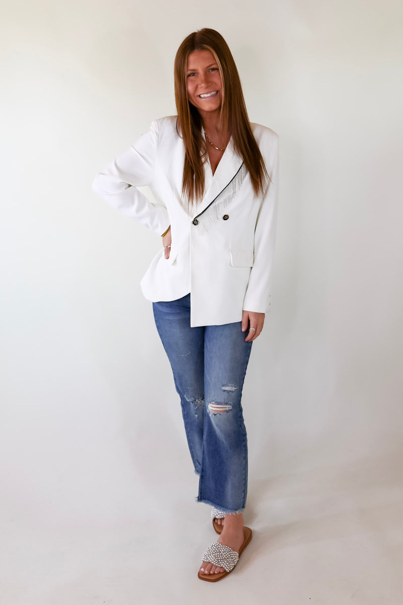 Classic Reimagined Blazer with Silver Fringe in White