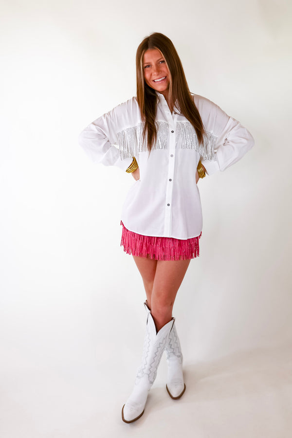 All That Shimmers Crystal Fringe Button Up Top with Long Sleeves in White