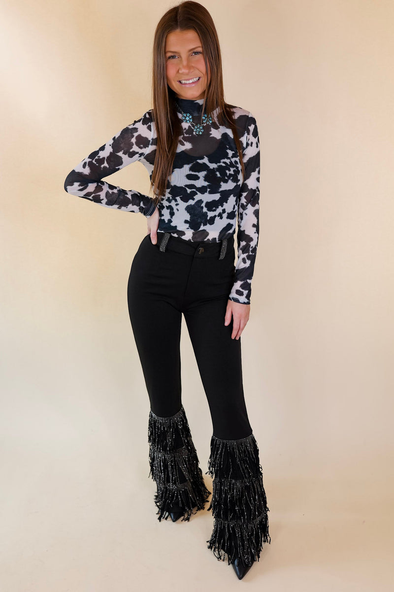 Try Your Luck Cow Print Mesh Long Sleeve Bodysuit in Black