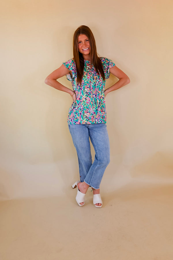 Garden Glory Floral Top with Ruffle Cap Sleeves in Green