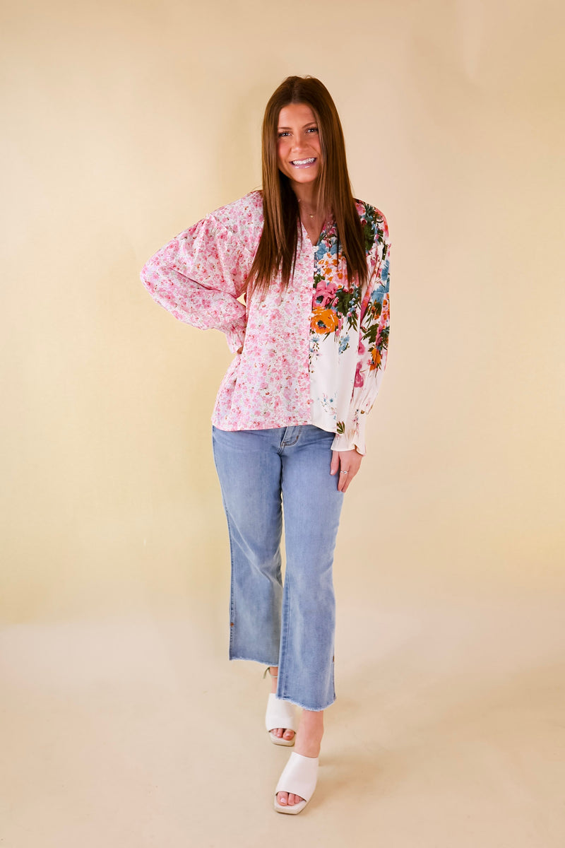Tulip Time Floral Mix Print Button Up Blouse in Pink
