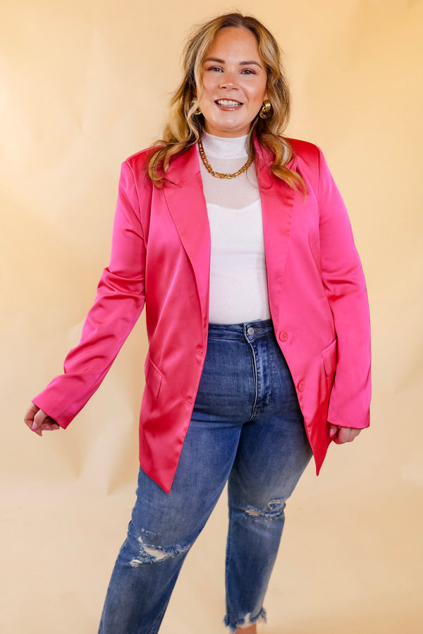 Touch Of Luxury Long Sleeve Satin Blazer in Hot Pink