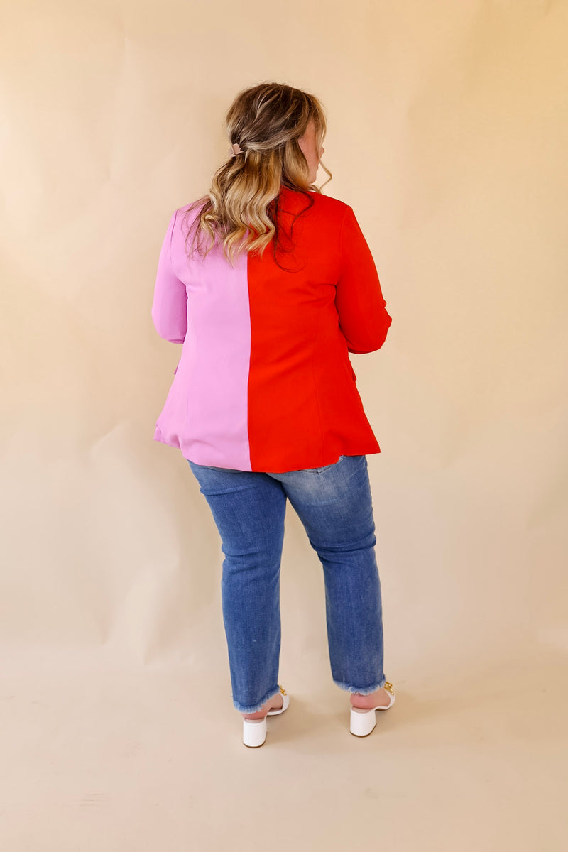 My Only Desire Color Block Button Up Blazer in Red and Pink