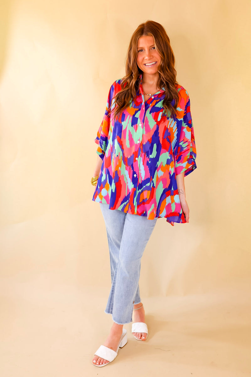 Sophisticated Sweetie Button Up Brush Stroke Print Poncho Top in Blue Mix