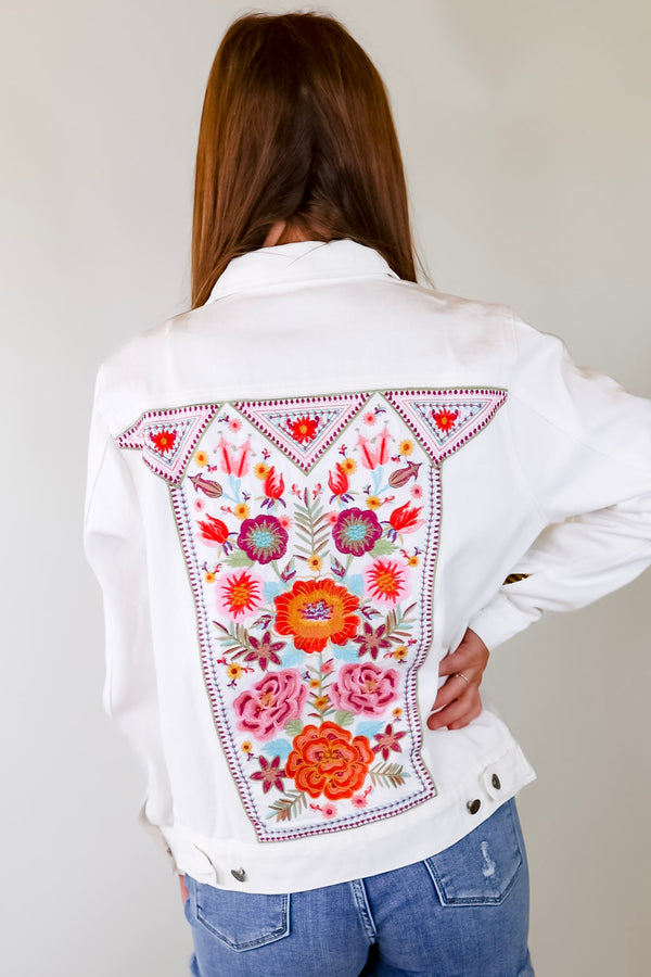 Prime Time Floral Embroidered Denim Jacket With Pockets in White