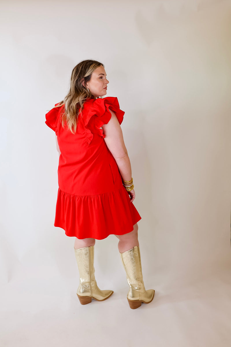 Powerful Love Ruffle Cap Sleeve Dress with Keyhole and Tie Neckline in Red